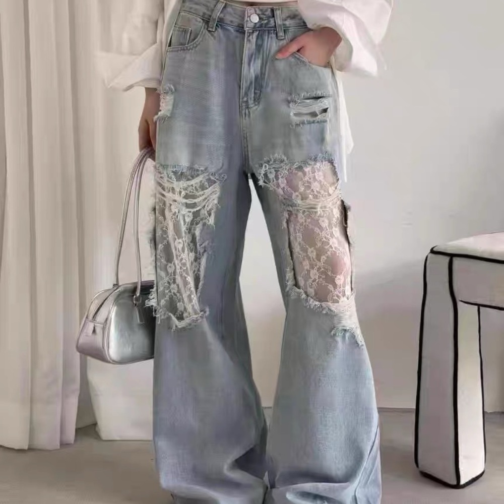 Light Blue Distressed Lace Insert Jeans